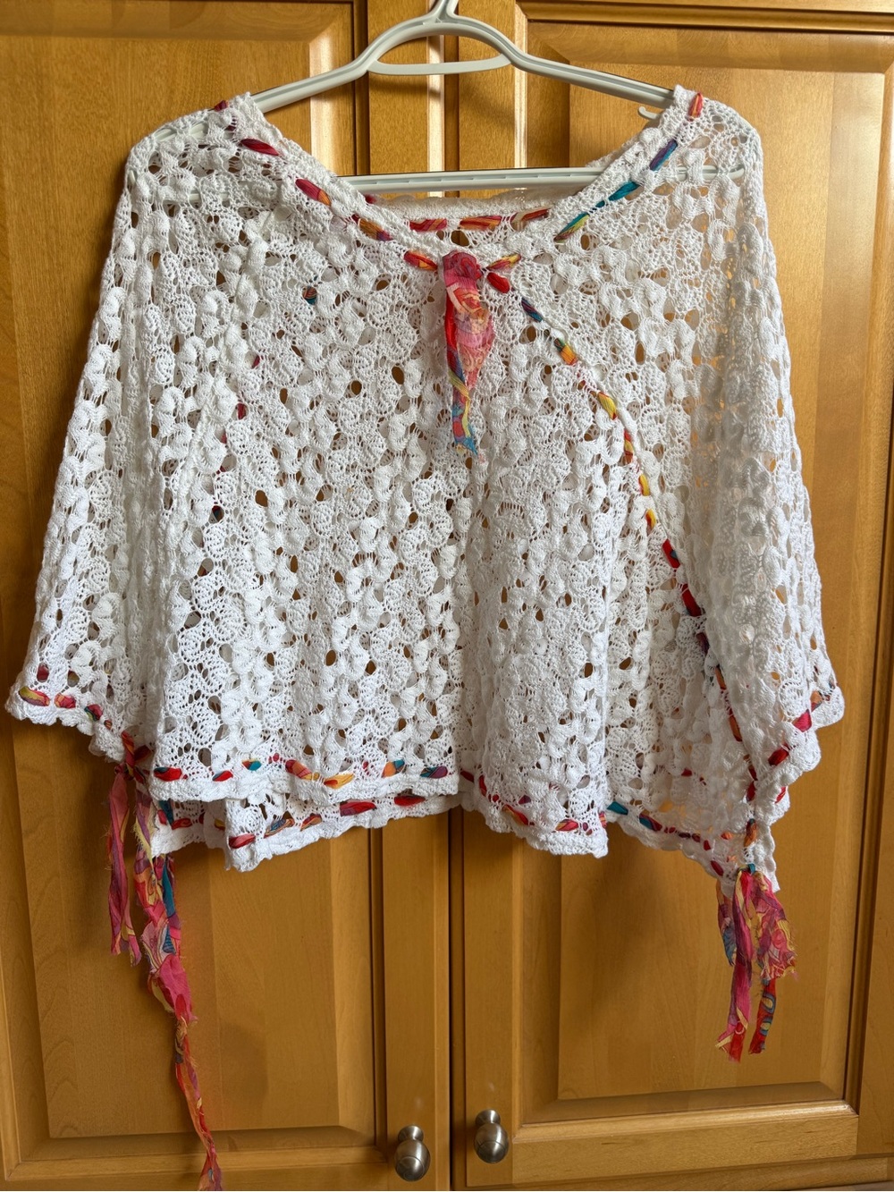 White Crochet Poncho with Multicolor Tassel Trim